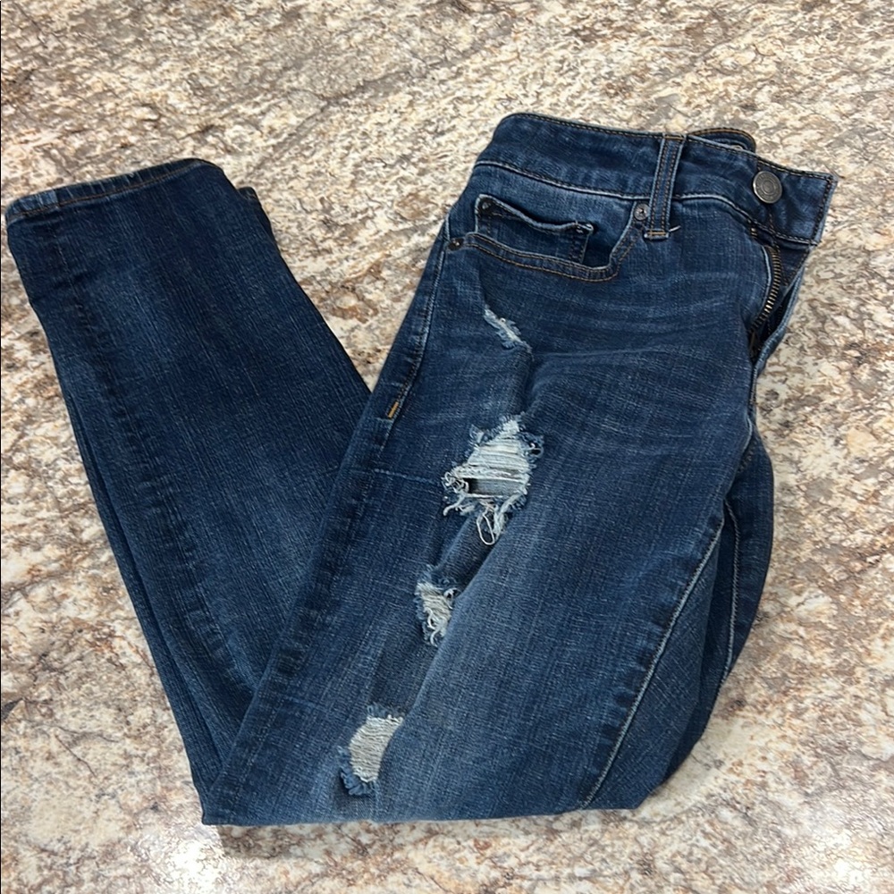 American Eagle Outfitters Skinny Blue Jeans with Modern Distressing